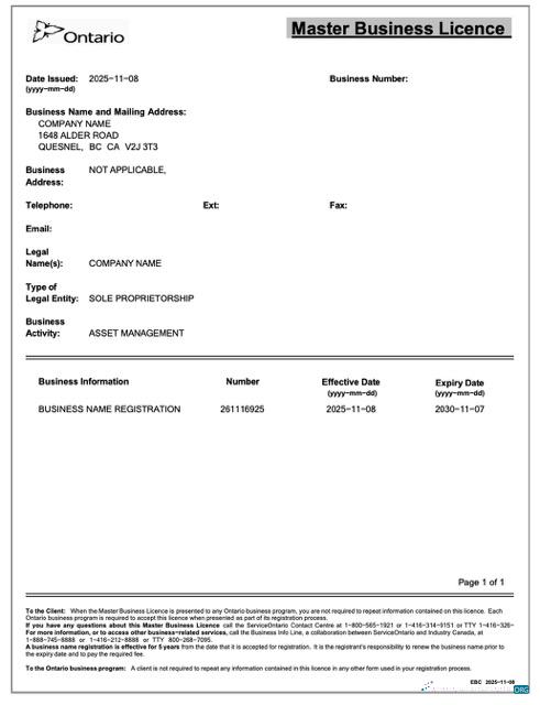 Download Canada Ontario master business licence Word and PDF template Photoshop template